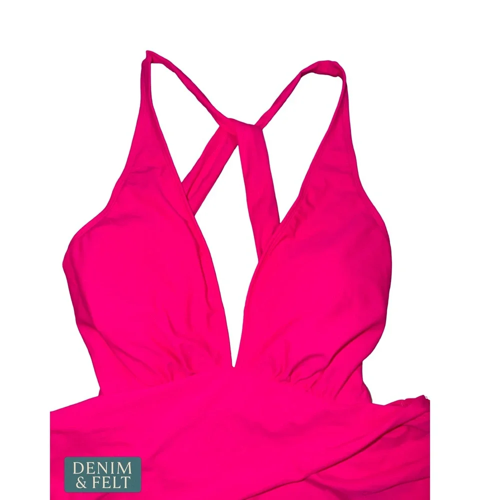 NEW CUPSHE Womens Hot Pink Deep V Neck Cut Out Cross Back One Piece Swimsuit XL